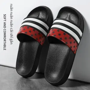 Soft Non-Slip Star-Patterned Slides - Breathable PU Upper, Open Toe Casual & Sporty Slippers for Indoor/Outdoor Use - Black with Red/White Stripes, Fashionable Beach & Home Footwear