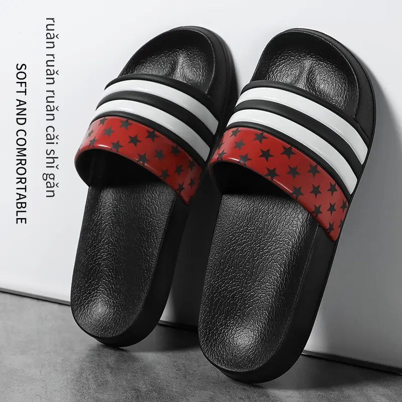 Soft Non-Slip Star-Patterned Sports Slides - Breathable PU Upper, Open-Toe Shoe with Black Red/White Stripes, Casual Indoor/Outdoor Footwear, Fabric, Slipper, Flipflop, Eva Foam
