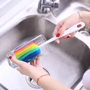 White PP Handle Rainbow Sponge Long-Handle Cup Brush | Soft Foam for Deep Cups, Bottles & Thermoses, No Dead Zones