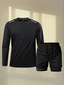 Men's Sports Set, Quick-Dry Breathable Reflective Striped Long Sleeve T-Shirt & Double Layer Mesh Shorts, Night Running Fitness Training, Sports Activewear Set
