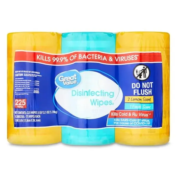 Great Value Disinfecting Wipes, Lemon and Fresh Scent, 225 Count, 3 Pack - Kills 99.9% of Bacteria & Viruses, 2 Lemon Scents