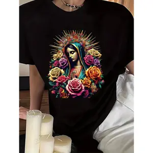 Our Lady Virgen De Guadalupe Virgin Mary T-Shirt Print Women's Round Neck Short Sleeve T-Shirt Fashion Graphic Tees Women Top