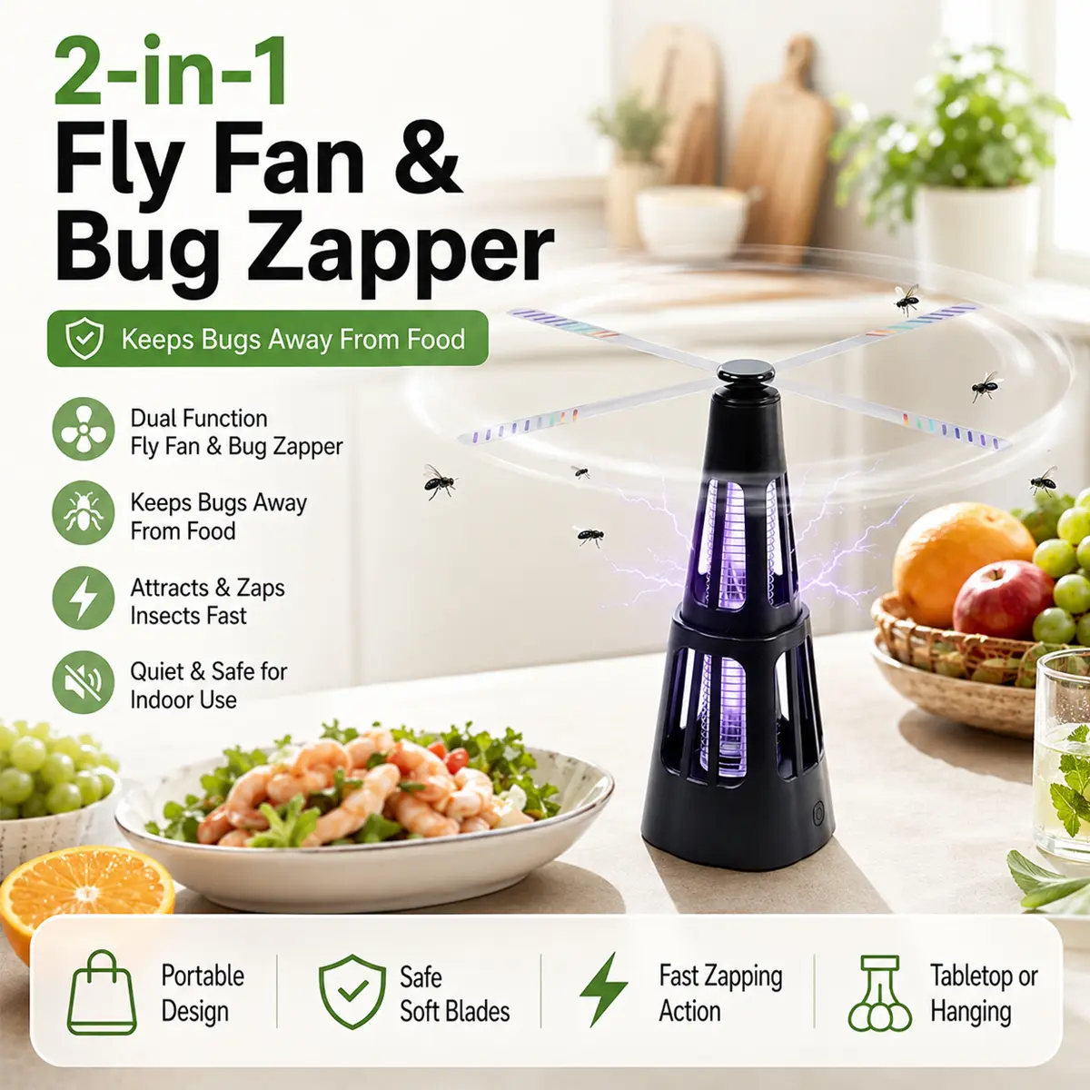 2-in-1 Fly Fan & Bug Zapper ,Portable Outdoor Fly Swatter Fan, Rotating Fan Blades for Fly Deterrence, Light Attraction Technology, Fast Zapping Action for Flies and Mosquitoes, Tabletop or Hanging Design for Patio, Picnic and Camping Use