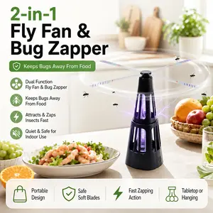 2-in-1 Fly Fan & Bug Zapper ,Portable Outdoor Fly Swatter Fan, Rotating Fan Blades for Fly Deterrence, Light Attraction Technology, Fast Zapping Action for Flies and Mosquitoes, Tabletop or Hanging Design for Patio, Picnic and Camping Use