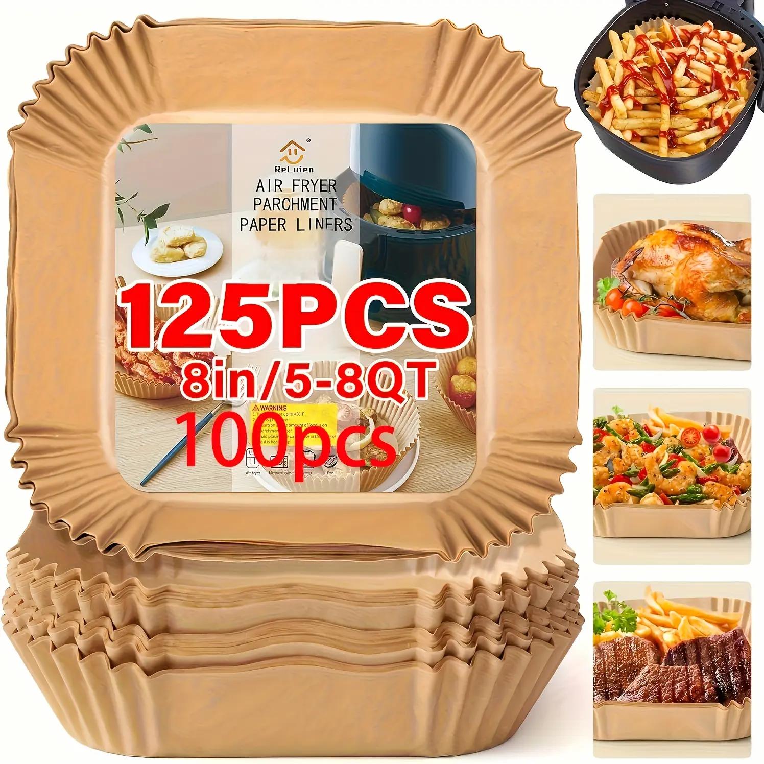 Disposable Non-Stick Air Fryer Paper Mats (125pcs/100pcs), 8 in Unbleached Baking Paper, Microwave Safe, Compatible with 5-8QT Air Fryers