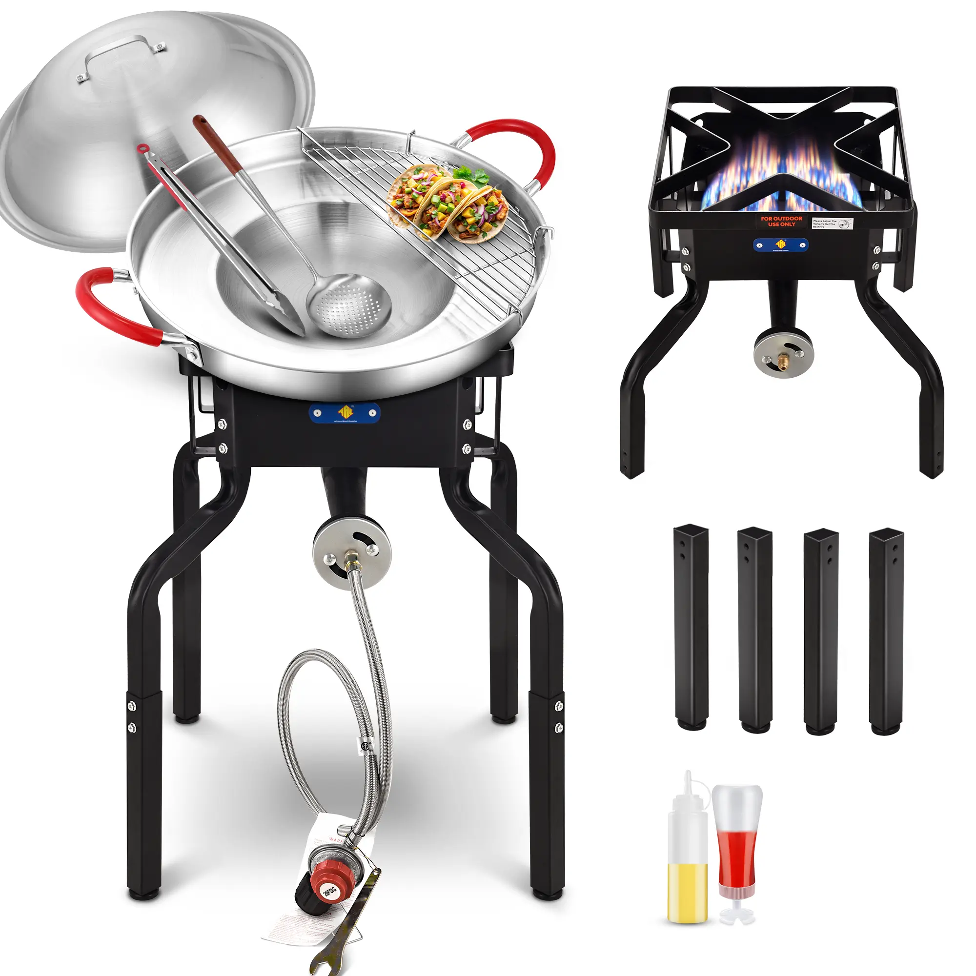 ARC 200000BTU Propane Burner Camp Stove with Removable Legs, 20-in Mexican Comal Griddle Pan, 7-Piece Discada Disc Cooker & Large Cookware Set - Outdoor Cooking Station, Camping Accessory