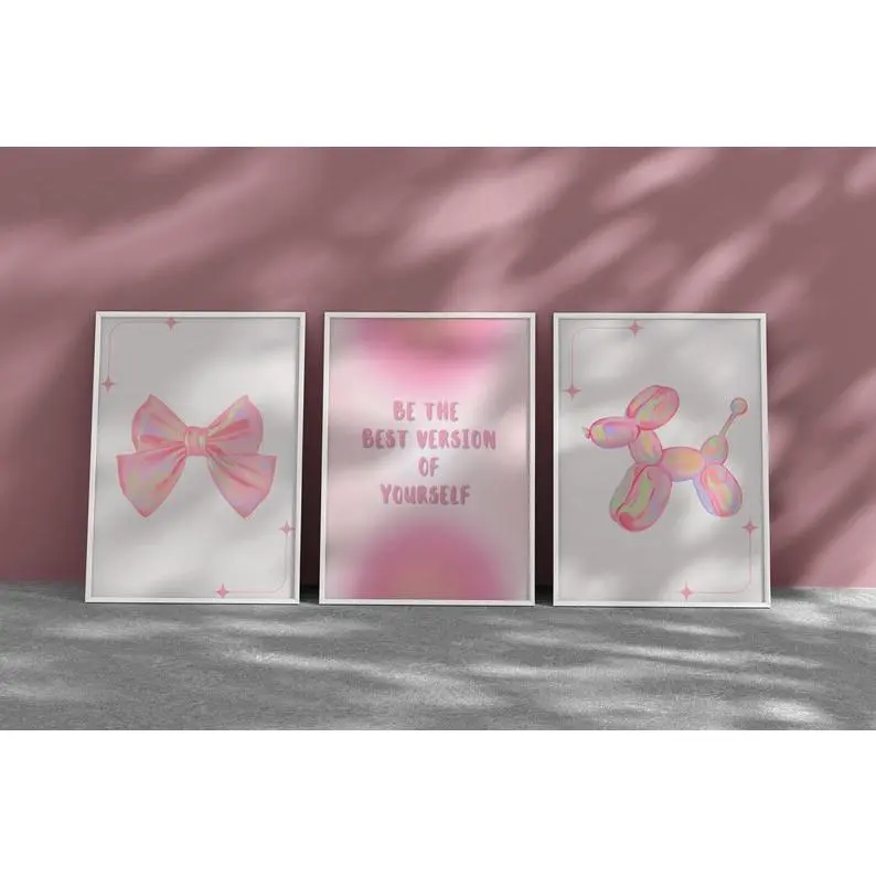 Trendy Retro Wall Art Set of 3, Be The Best Version Of Yourself Holographic Poster, Bow Poster y2k, Aesthetic Pink Aura Print, Baloon Dog