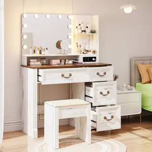 Vlsrka Vanity Set with Mirror & Adjustable Hollywood Lights, Includes Drawers, Shelves, and a Comfortable Stool, Stylish & Functional for Your Beauty Routine