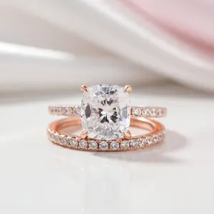 3.0ct Cushion Cut Rose Gold Clear Simulated Sapphire Wedding Ring Set