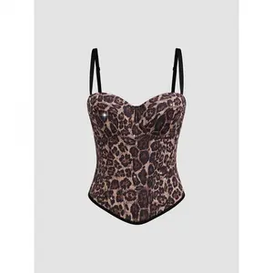 Womenswear Light Brown Leopard Print Velvet Tube Top Vest Camisole Short Sleeveless Zipper Slim Fit Autumn Outerwear，halter tops