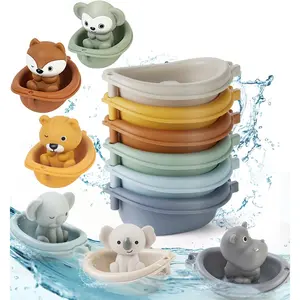 F-TBT01  Baby Bath Toy Stackable Infant Bathtub Toys Stacking Floating Boat Train with Animal Finger Puppets Bath Toy Silicone Hand Puppet Educational Beach Toys for Babies Toddlers Party Favors