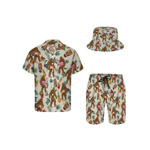 3-piece set of men's Hawaiian shirt and shorts, Hawaiian tiki and savage gorilla soft fabric breathable button-down short-sleeve casual beach shirt outfit with fisherman hat