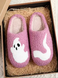 Ghost Pattern Halloween Slippers, Thick Plush Non-Slip Warm Indoor Shoes, Unisex Home Bedroom Footwear, Perfect Gift