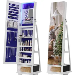 360 °   Swivel Jewelry Cabinet with LED Light - Rotatable Standing Full-Length Mirror with Storage and Drawer, Lockable Jewelry Armoire Organizer for Girls/Women Gifts, White