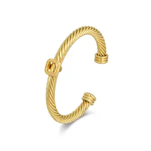 Aprilery Gold-Tone Twisted Rope Open Cuff Bangle with Hollow Square Accent, Luxury Jewelry for Daily Wear & Special Occasions