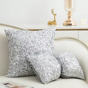 1pc Silver Color Sequin Throw Pillow Cover, Nordic Style Wedding & Christmas Decor, Detachable Bow Waist Cushion for Home & Outdoor Use