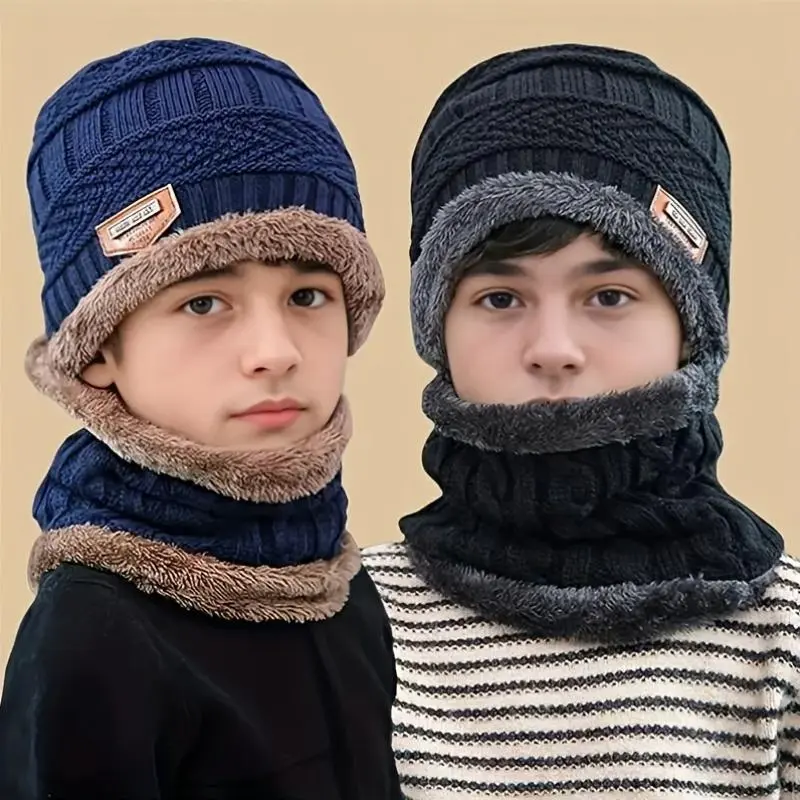 Unisex 2-Piece Knitted Beanie Hat and Scarf Set, Soft Plush Lined Winter Cap, Thick, Skin-Friendly Fashion Leisure Accessory, Two Piece Sets
