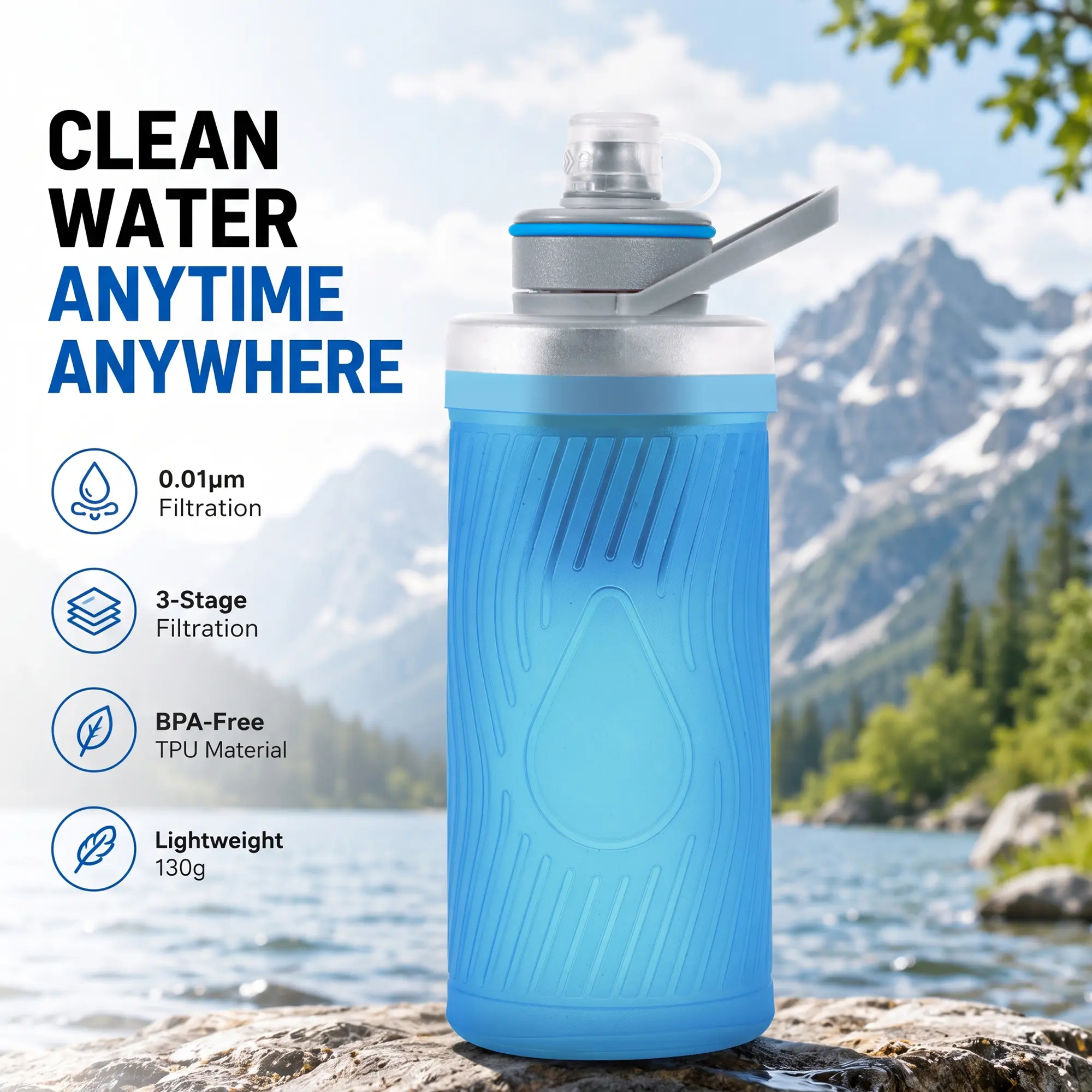 700ml Collapsible Water Filter Bottle, 0.01 Micron Portable Squeeze Filter for Hiking, Backpacking, Camping & Emergency Use