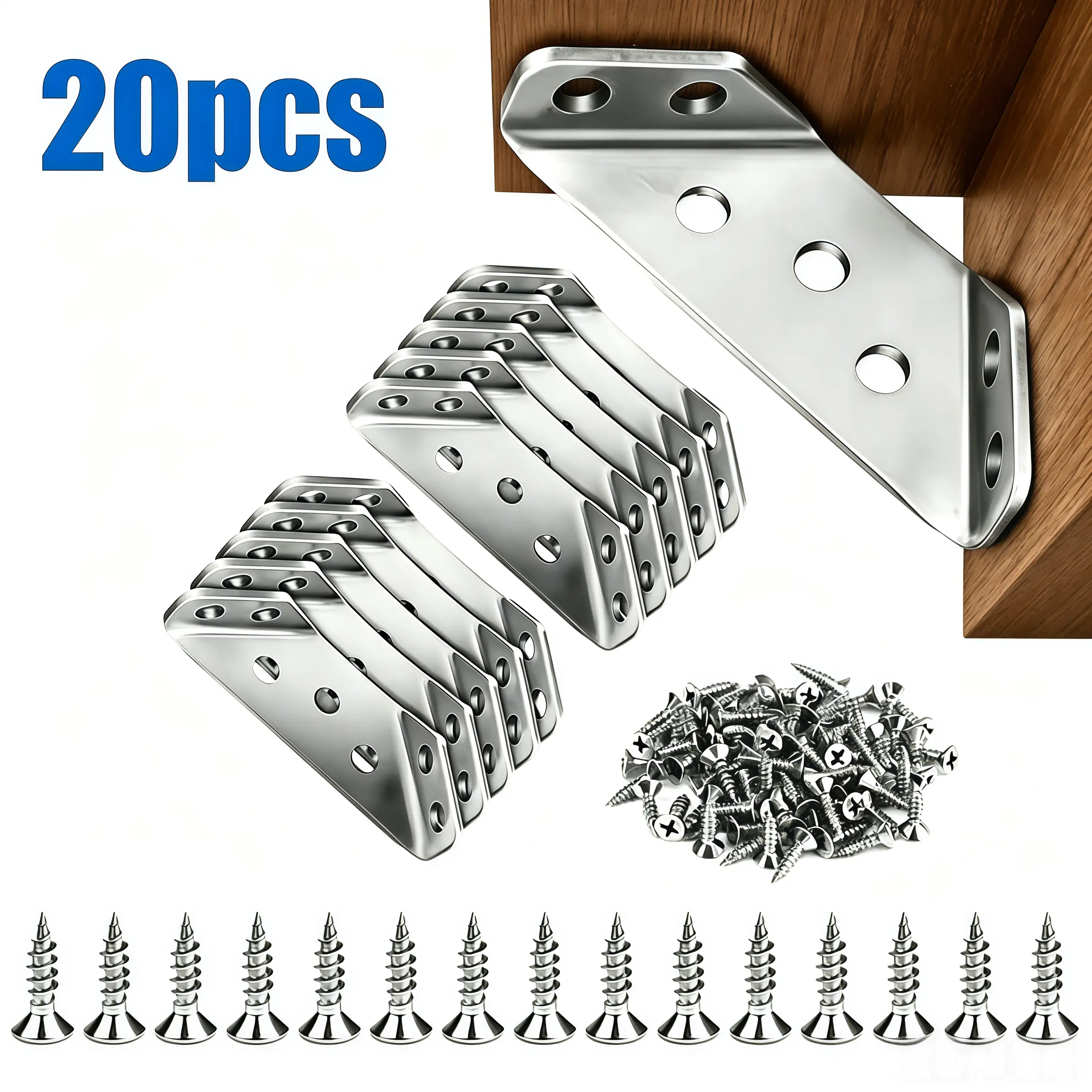 Stainless steel corner frame, cabinet and furniture 90° right angle support bracket, industrial hardware accessories (20 corner frames + 120 screws), for safe fixing, suitable for cabinets, shelves, homes and offices, industrial hardware accessories