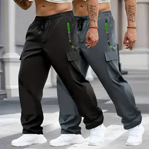 Men’s 2-pack cargo pants with multiple pockets, solid color casual loose outdoor windbreaker sports long pants featuring large zippered side pockets, suitable for everyday commuting, leisure outings, hiking, and camping. Wide Sweatpants