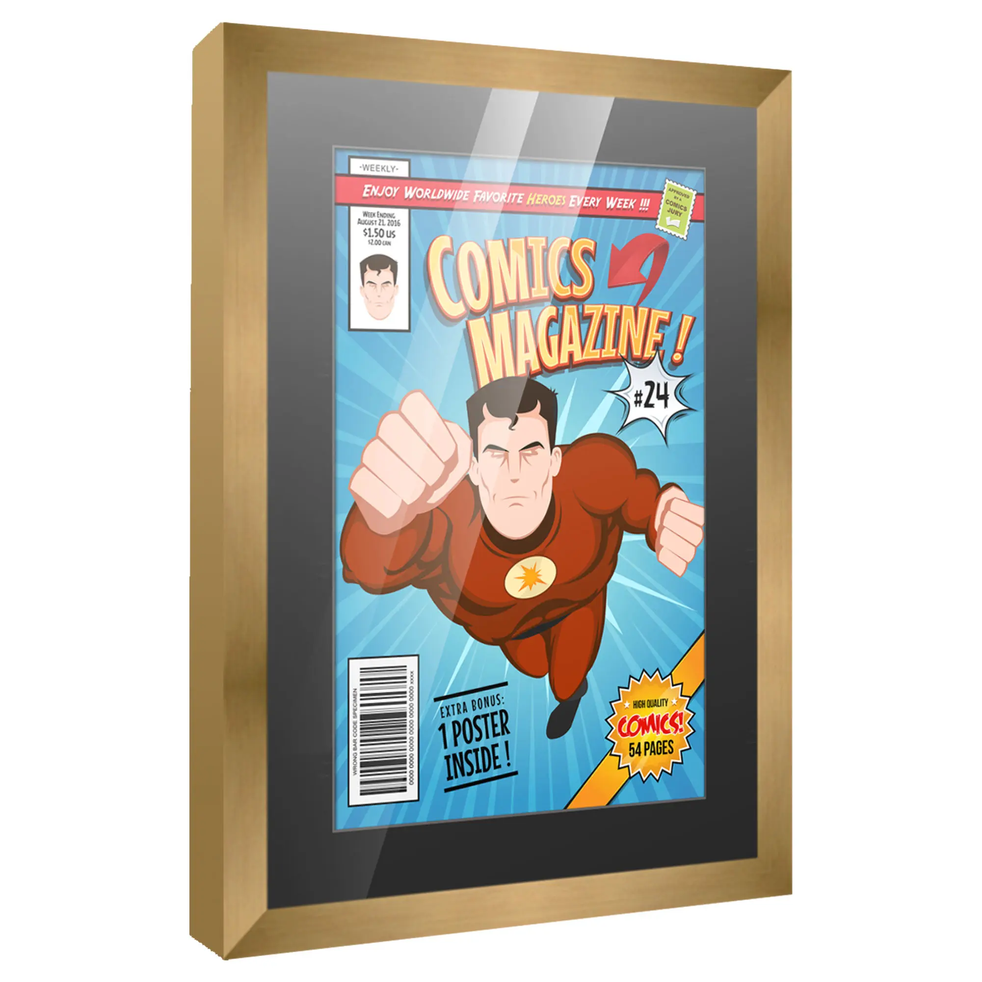 Comic Book Frame with Mat for 1 Silver Age Comic Published Between 1956 and 1970 - Bronze Wood Comic Frame With Black Mat for 7.125x10.5 Comic - 10x14 Frame Size