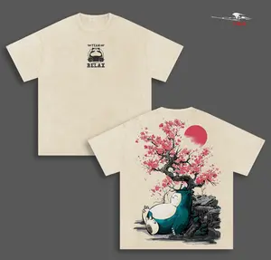 SnorlaxPKM Anime Double Printed Vintage Washed Tee Unisex Oversize Heavyweight Cotton T-shirt for Anime Fans and Lovers