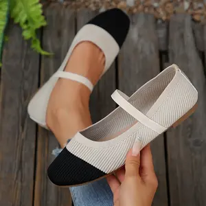 Women's Color Block Knit Ballet Elastic Strap, Breathable Knitted Material, Stylish Flat Indoor Outdoor Shoes Springfresh