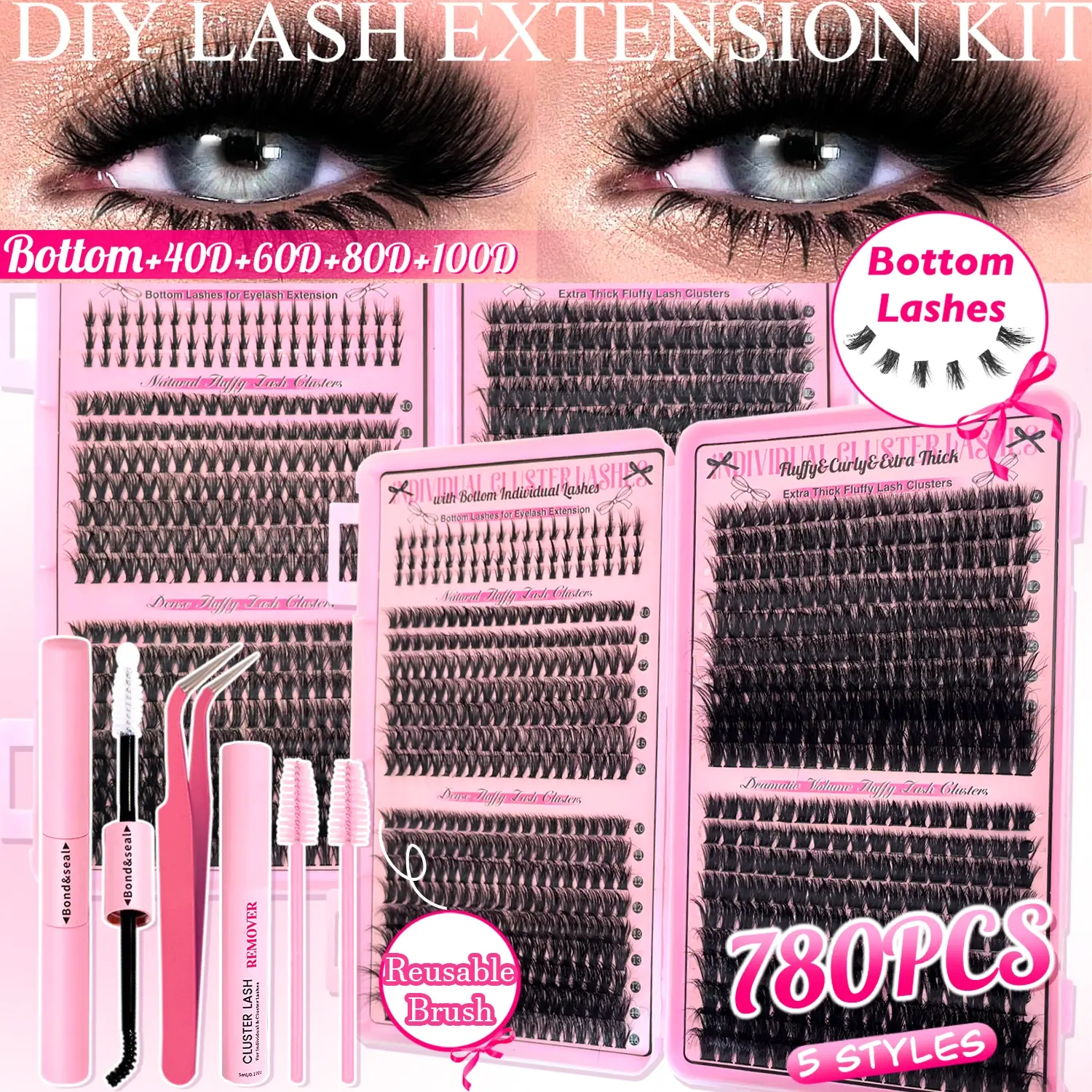 Eyelash Extension Kit, DIY Lash Kit, 1 Set False Eyelashes with Eyelash Glue & Tweezers & Lash Remover & Brush, Professional Makeup Accessories for Women, Cosmetic