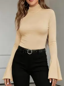 1 Count Women's Bell Sleeve Mock Neck Bodysuit, Solid Color Turtle Neck Long Sleeve Bodysuit for Ladies, Slim Fit Versatile Simple Loungewear, Warm and Comfortable Tops, Wardobe Staple Shirts, Suitable for Parties and Leisure Out Fashion Wear