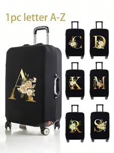 Customizable Floral Letter A-Z Luggage Cover, Gold Elastic Travel Bag Protector, Scratch Protection, Durable Washable Suitcase Case for 18-20 Inch Bags, Customizable Letters, Personalize, Travel Accessories