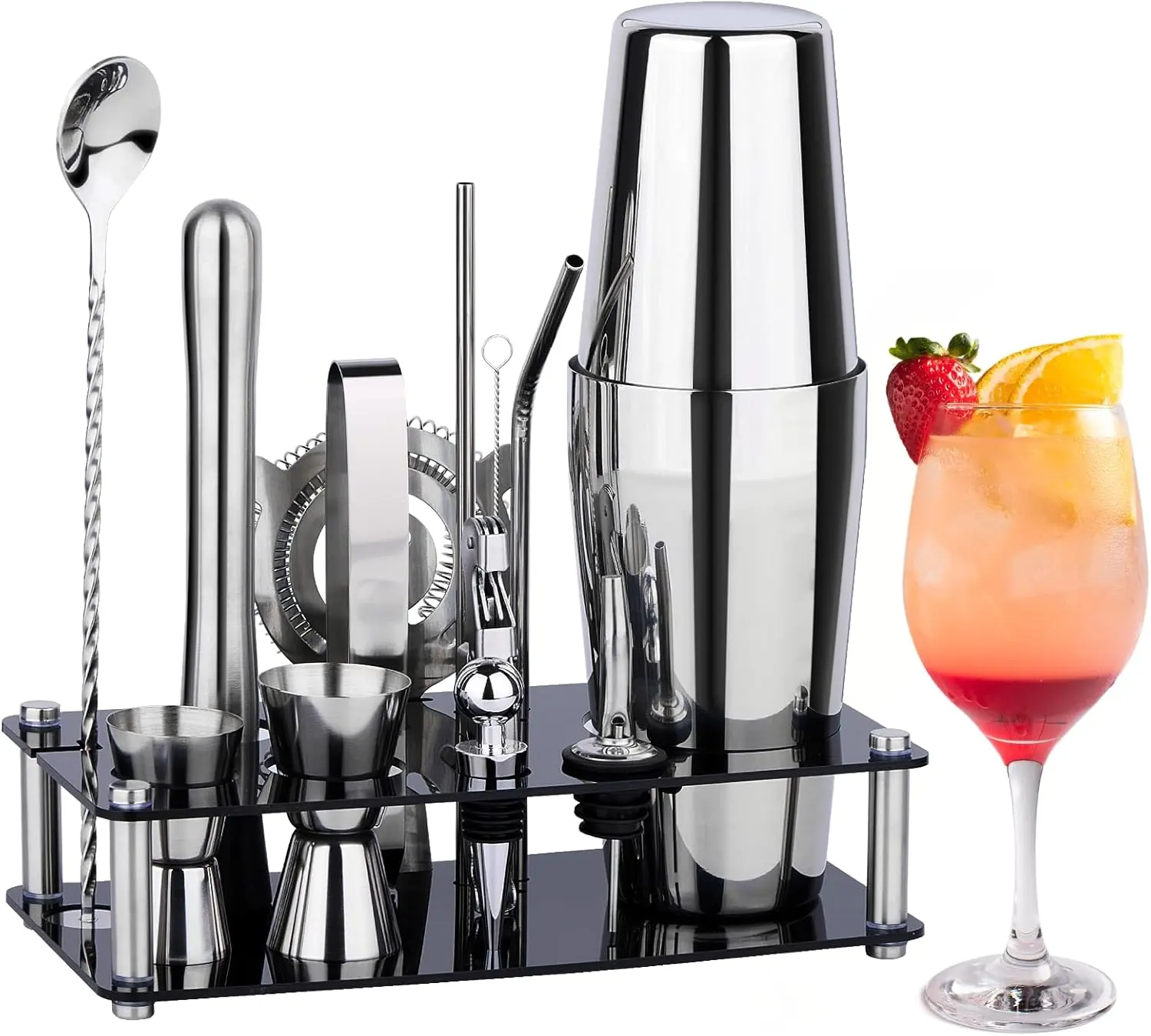 Stainless Steel Silver 15-Piece Bartending Kit - 20oz Cocktail Shaker, Cap Removal Tool, Acrylic Stand & Practical Bar Utensils, Home Bar Cocktail Kit for Happy Hour Parties