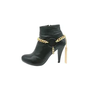 Women Fashion Boot Bracelet Bling Metal Chain Biker Shoe Black Circle Charm Tassel Gold