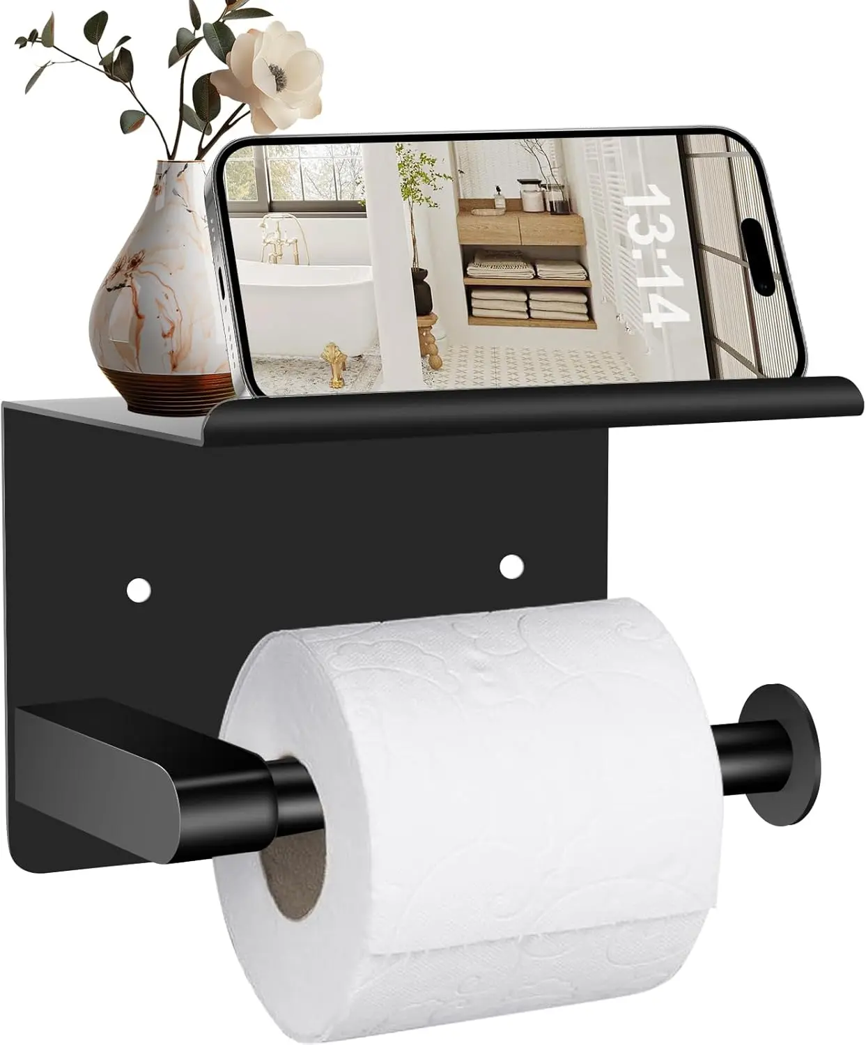 Matte Black Toilet Paper Holder with Shelf, Stainless Steel Tissue Roll Dispenser, Wall-Mounted Modern Bathroom Accessory for Home, Hotel, or Office
