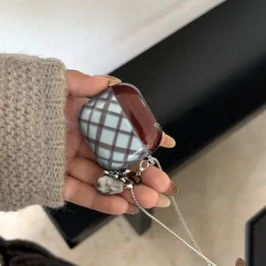 Blue Checkered Earphone Case with Lanyard, Compatible with Apple AirPods Pro 2/3/4, Fashionable Women's Earphone Cover
