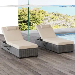 Adjustable Outdoor PE Wicker Chaise Lounge Chairs Set of 2 – Reclining Patio Sunbathing Loungers with Removable Cushion and Tabletop – Weather-Resistant Rattan for Garden, Deck, or Lawn