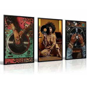 3 Pcs Fashion Black Woman Wall Art Trendy Abstract Black Girl Canvas Poster Prints Pictures Paintings with Record Player Music Theme for Living Room Bedroom Wall Decor Unframed