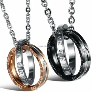 Eternal Love, interlocking ring His and Hers matching couple pendant necklace-