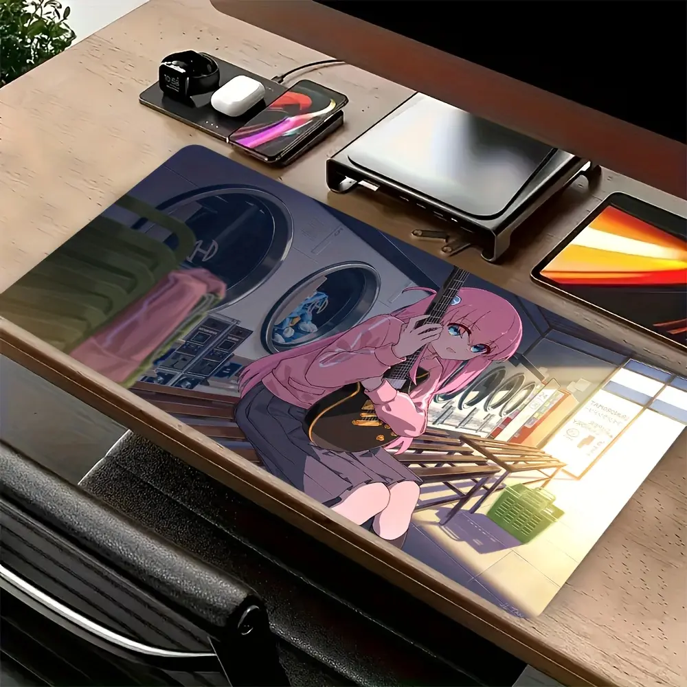 Large Gaming Mouse Pad with Bocchi the Rock Anime Design - Non-Slip Rubber Base, Washable Surface, Vibrant Colors (Pink Hair, Eyes, Purple Outfit) - Compatible with, Gaming Mice - Office, Office Desk Accessory, Playful Character Design