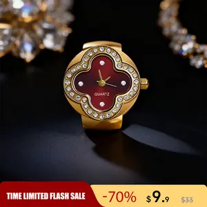 Four Leaf Clover Diamond Jewelry Ring Watch Waterproof Stainless Steel Elegant Women's Fashion Timepiece Adjustable Sparkling Crystal Clover Design Ring Watch Luxury Jewelry Accessory Gift for Her