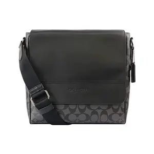 COACH Houston 27 Classic Monogram Flap Messenger Bag for Men, Coated Canvas and Leather, Black