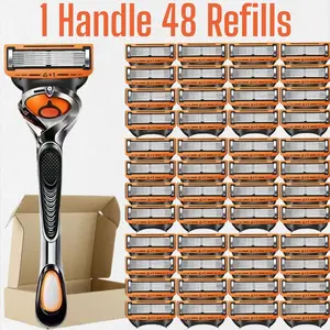 Men's Shaving Razor Set with 1 Handle and 12/24/36/48 Refills, Precision Trimmer, Stainless Steel Blades, Sealed Packaging