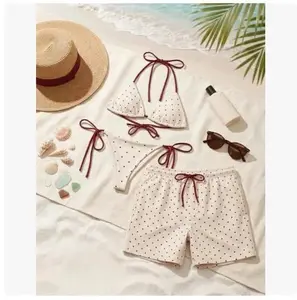 Red Polka Dot Couples Swimsuit Set – Triangle String Bikini for Women & Matching Men’s Mesh Swim Shorts, Romantic Beach Outfit