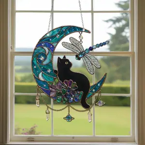 Dragonfly Moon Cat Acrylic Suncatcher Window Hanging Celestial Garden Decor Mothers Day Gift