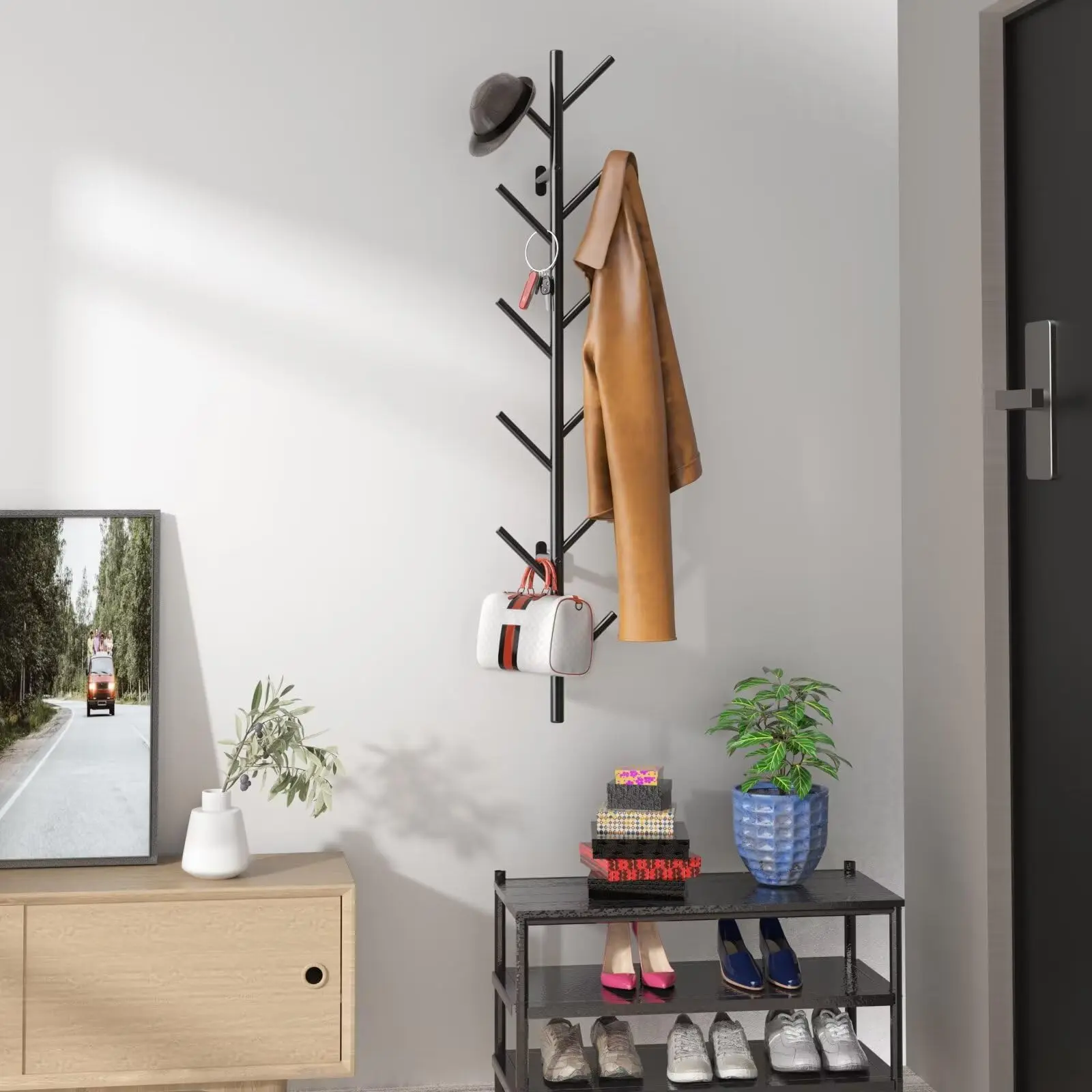 Wall-Mount Vertical Coat Rack - Rustproof Alloy Steel Floating Hook Organizer, Hat Rack Holder for Jackets, Clothes, Scarves, Bags, Caps, with Installation Tools, Ideal for Living Room, Entryway, Kitchen