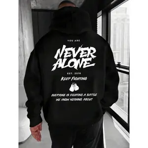 Men's Never Alone Keep Fighting Letter Print Drop Shoulder Hoodie, Fashion Casual Regular Fit Drawstring Pocket Hooded Long Sleeve Sweatshirt for Daily Holiday Outdoor Wear, Men Clothes for Fall & Winter