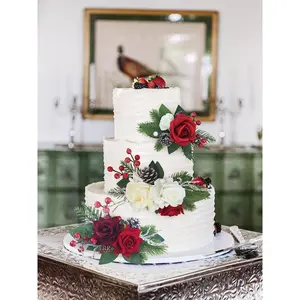 Rinlong 3Pcs Christmas Burgundy & Green Cake Flowers Set Decoration Ornaments Cake Stand