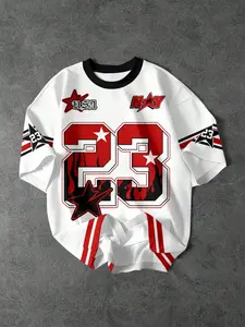 Men's Y2K Racing Letter Pattern T-Shirt, Streetwear, Breathable Polyester Fabric, Casual Street Style, Long Sleeve Round Neck, All Seasons