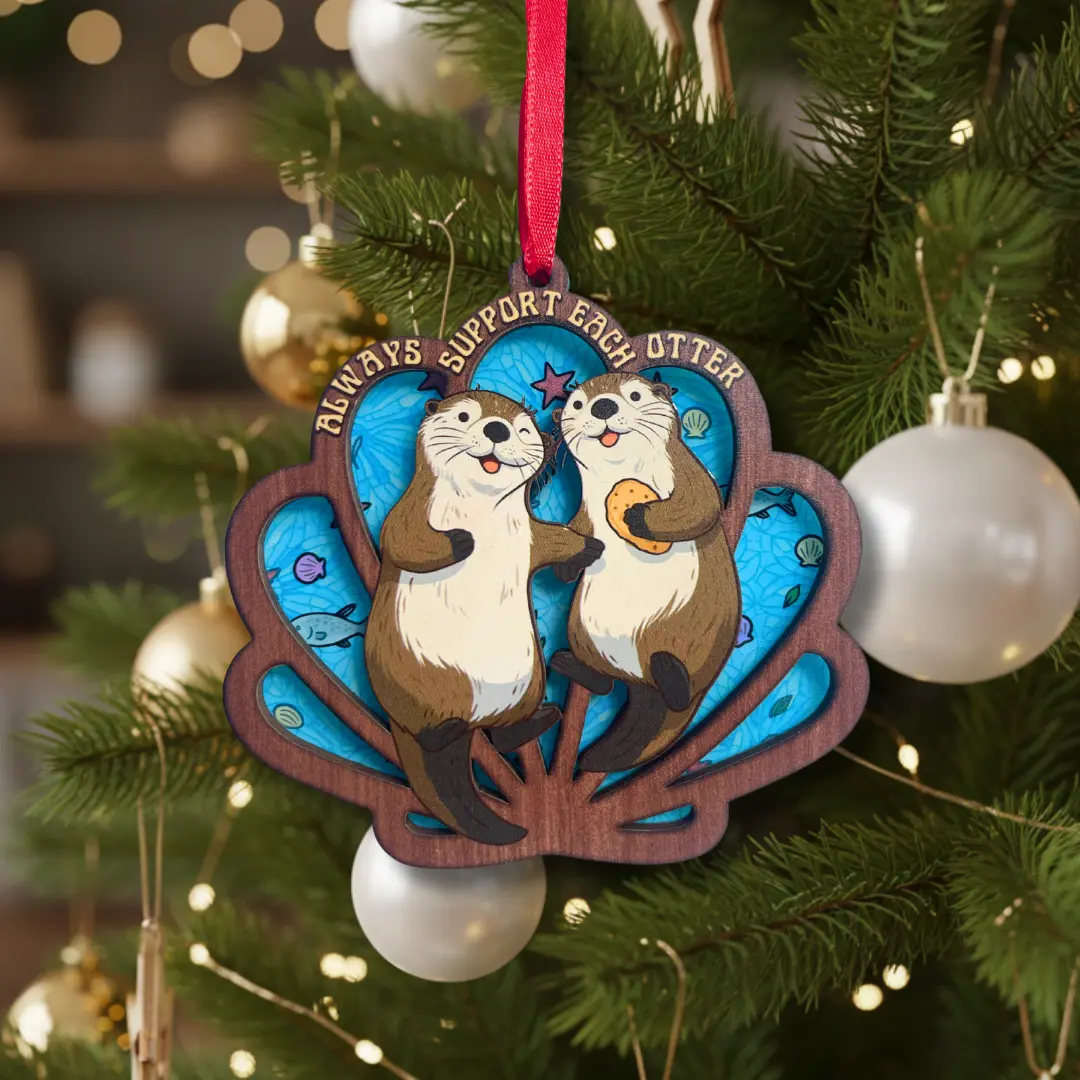 Otter Ornament 2025, Cute Sea Otter Christmas Ornament for Tree, 2 Layer Wood and Acrylic Keepsake, Ocean Animal Decor, Christmas Gift for Otters Lover, Sea Life Tree Decoration