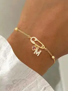 Women's Stainless Steel Bracelet with Pin Heart Crystal Letter Pendant, Chain Link Jewelry, Casual Fashion Accessory for All Seasons