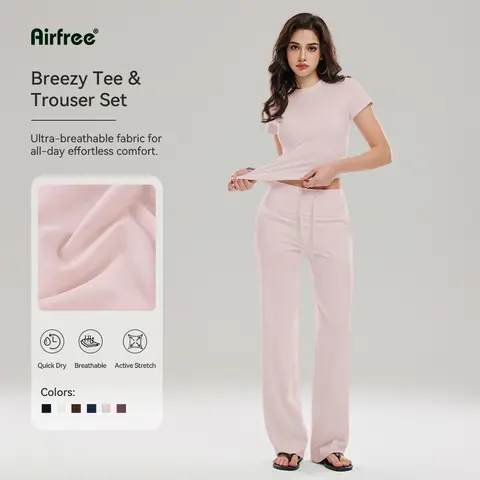 Women's Airfree 2-Piece Active Wear Set - Shaping Support, Breathable Quick-Dry Crew Neck T-Shirt & Straight-Leg Pants (30in,32.5in Inseam) for Regular/Tall Sizes, Sporty Chic Workout Sets Women